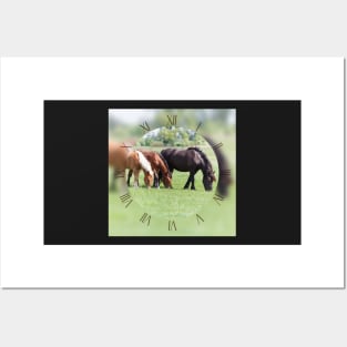 Three horses grazing on pasture Posters and Art